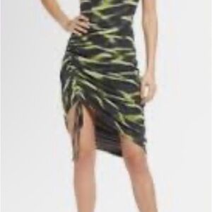 OPEN EDIT Ruched Green and Black Print Dress